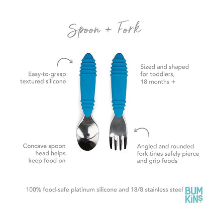 Bumkins Toddler Utensils, Kids Size Fork and Spoon Set, Silicone and Stainless-Steel Training Silverware, Angled Forks / Sporks for Self-Feeding, Children Hold Learning to Eat, 18 Mos Up, Dark Blue