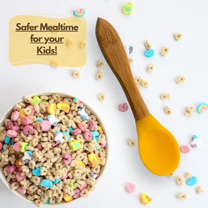 Baby Spoons Bamboo Feeding Spoon 5.5" with Silicone Tip BPA Free Toddler Food Spoons Yellow 2 PACK