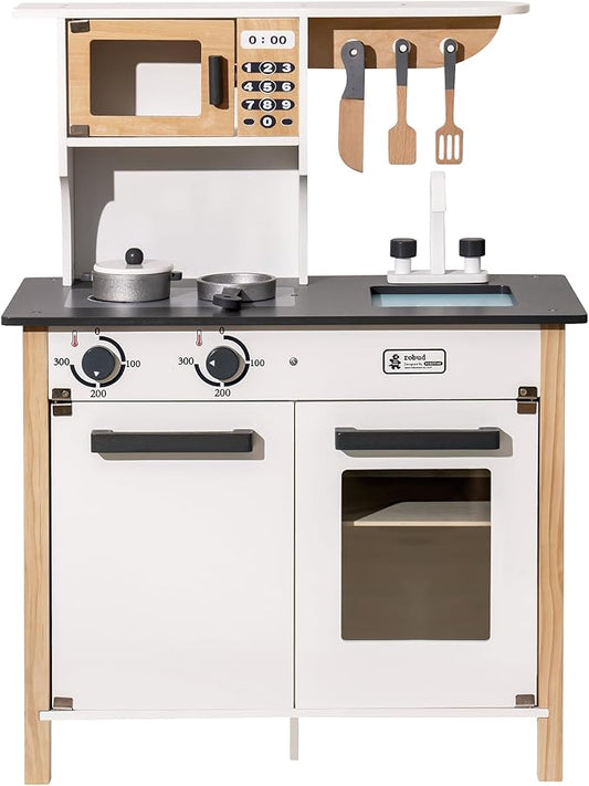 ROBUD Wooden Play Kitchen, Kids Kitchen Playset with Realistic Design, Toy Kitchen Gift for Boys and Girls, Age 3+