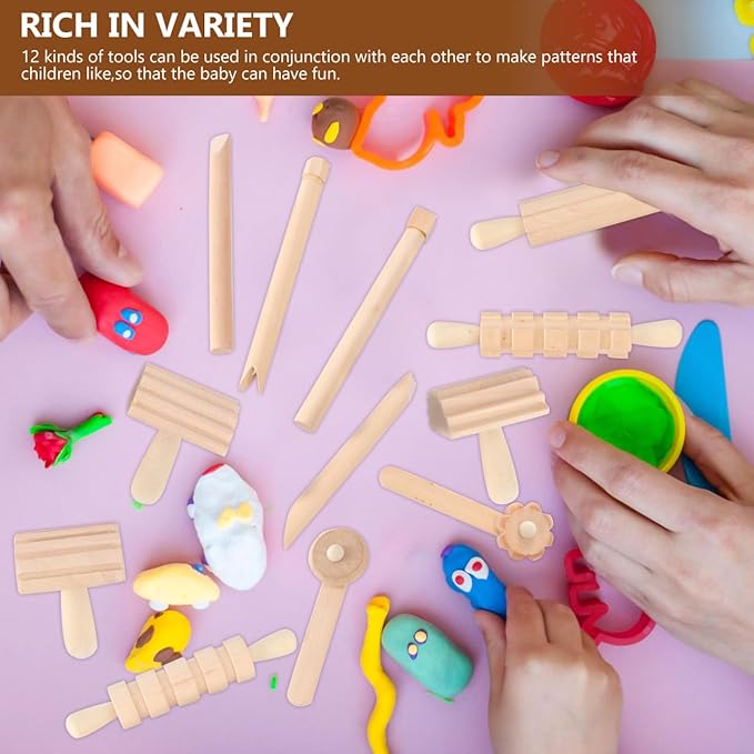 Toyandona Clay Sculpting Tools Set 12-Piece Wooden Plasticine Molding Tools for Kids and Adults Smooth Safe Handles Ideal for Pottery Air Dry Clay Crafting