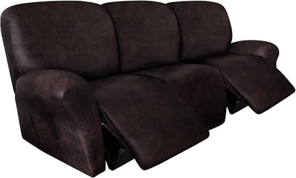 Leather Look Recliner Couch Cover 8-Piece Recliner Sofa Slipcovers 3 Seater for Reclining Couches Furniture Protector Spandex Fabric Washable (Recliner Sofa, Chocolate)