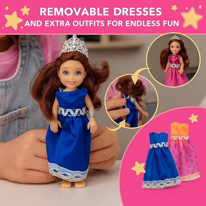 TOMLEON Princess Dolls Playset – 6 Mini Princess Dolls with Colorful Gowns, Crowns & Jewelry – Fantasy Role Play Set for Kids with Elegant Dresses, Accessories & Royal-Themed Box – Gift for Ages 3+