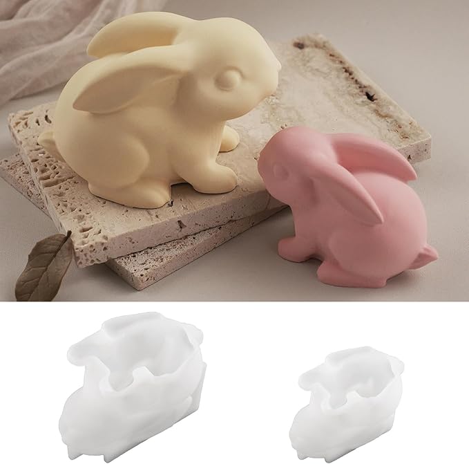 2Pcs Easter Rabbit Epoxy Resin Casting Silicone Molds 3D Cute Bunny Candle Molds for DIY Home Decoration Soap Making Candlestick Plaster Cement Concrete Art Craft Projects Party Favors