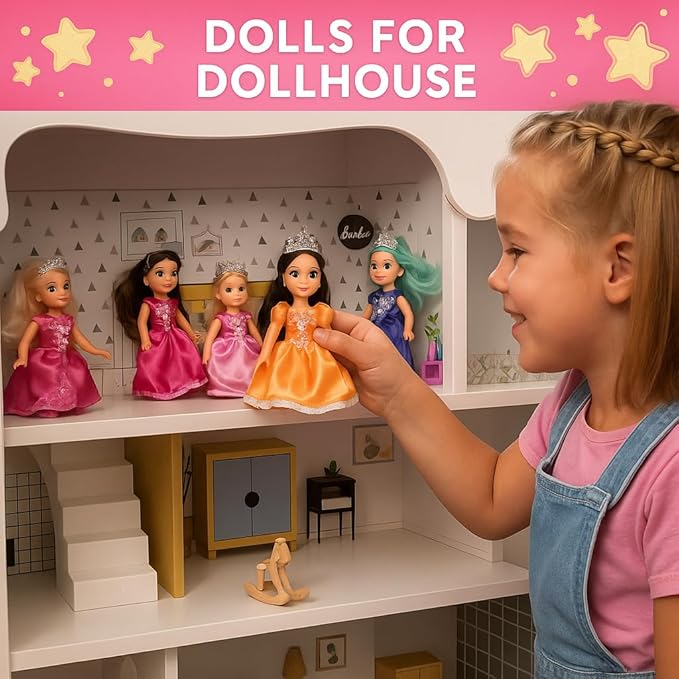 TOMLEON Princess Dolls Playset – 6 Mini Princess Dolls with Colorful Gowns, Crowns & Jewelry – Fantasy Role Play Set for Kids with Elegant Dresses, Accessories & Royal-Themed Box – Gift for Ages 3+
