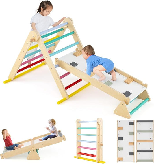 Olakids Pikler Triangle Set 7 in 1 Climbing Toys for Toddlers Foldable Baby Wood Montessori Jungle Gym with Angle Adjustable Ladder Seesaw Ramp Indoor Playground (Colorful)
