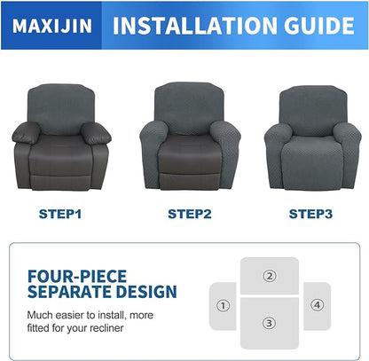 MAXIJIN Recliner Cover Slipcovers for Living Room 4 Pieces Stretch Jacquard Recliner Chair Cover Soft Fitted Recliner Protector with Elastic Bottom for Kids, Pets (Recliner, Dark Gray)
