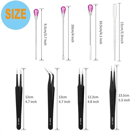MSDADA 11 Pcs Silicone Resin Mold Tools Set Stirring Needle Spoon Tool Tweezers Precision Kit, Anti-Static Electronics Tweezers Set for Resin Art Crafts,Jewelry Making(Rose Red+White)