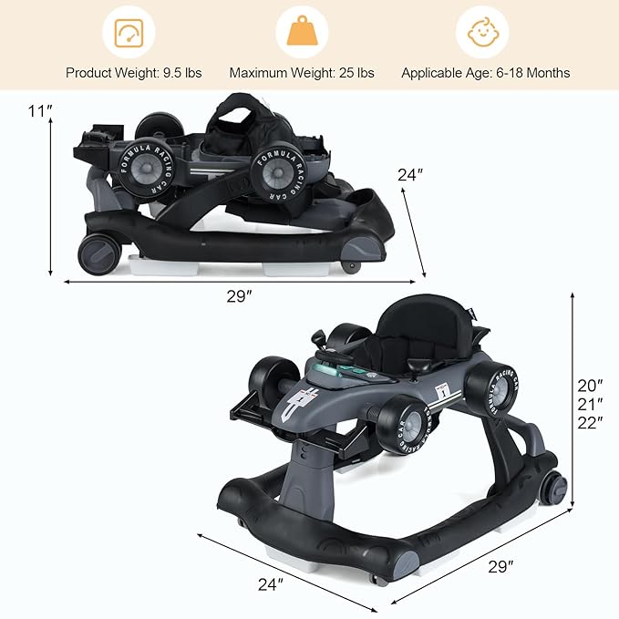 HONEY JOY 4-in-1 Baby Walker, Activity Push Walker w/3 Adjustable Heights, Smooth Wheels w/Adjustable Speed, Padded Seat, Music & Light, Foldable Car Walker for Baby Boys Girls Age 6 Months+ (Gray)