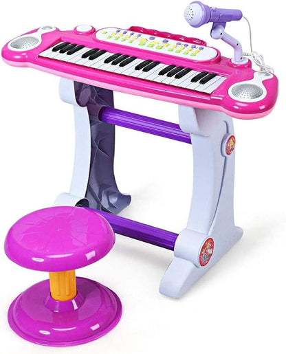 Costzon 37-Key Kids Piano Keyboard Toy, Toddler Electronic Musical Instrument Educational Toy w/Microphone, Multiple Sounds, Record Playback, Lights & Stool, Birthday Gift for Girls Boys Age 3+, Pink