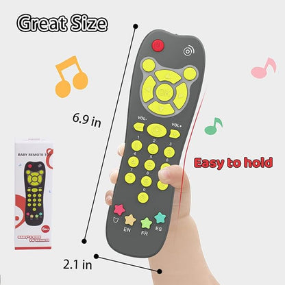 Baby Remote Toy, Toddlers TV Remote Control Toy Kids Realistic Play Remote Early Educational Baby Musical Toys with Light and Sound English French Spanish for Proshool Boys Girls 6 Month+, Gray