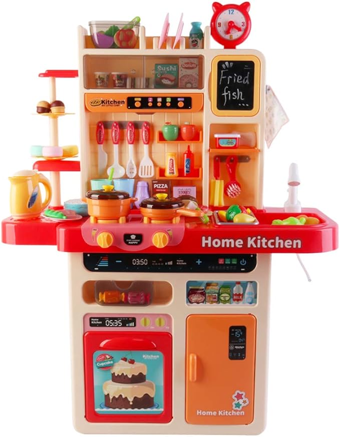 deAO My Happy Little Chef Kitchen 80 Pieces Pretend Play Set with Multi-Functional Button Panel, Light, Sound, Real Steam Functions and Colour Changing Accessories Included(Pink)