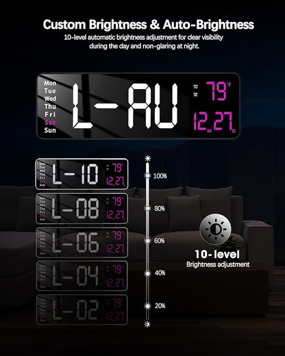 Modern 16" Large Digital Wall Clock with Remote Control, LED Display, Auto-Dimming, Countdown, Temperature, Calendar - 12/24Hr Format - Silent Wall Clock for Home, Office, or Gym Use (Pink)