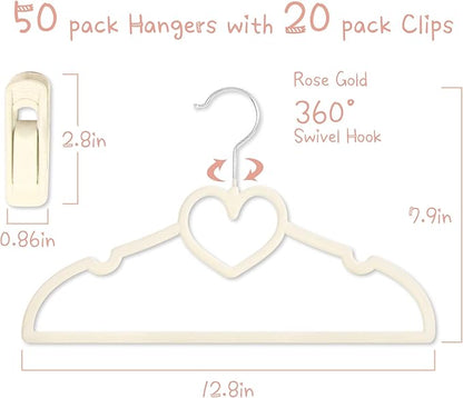 Beige Heart Velvet Baby Hangers - 50pack 13inch Toddler Hangers with 20pcs Clips,Ultra Slim and Stackable Space Saving