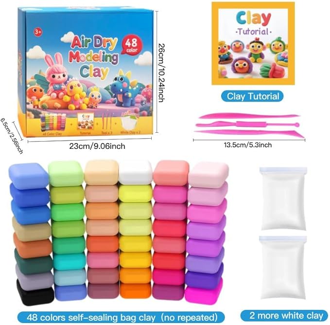 48 Colors Air Dry Modeling Clay with Bonus 2 White, Ultra Light Molding Clay Kit & Tools Gift Set for Kids Boys Girls, Soft Non-Sticky Magic Clay for Art Crafts