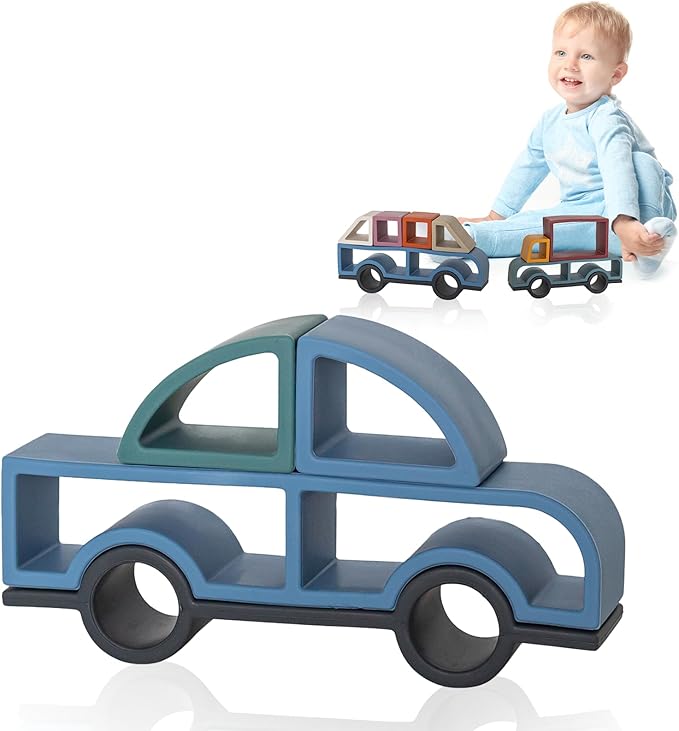 Stick It Montessori Food Grade Silicone Stacking Vehicles, 14 Pcs Toddler Baby Building Blocks Teether Educational Open Ended Shapes STEM Toy, 18+ Months (Car)