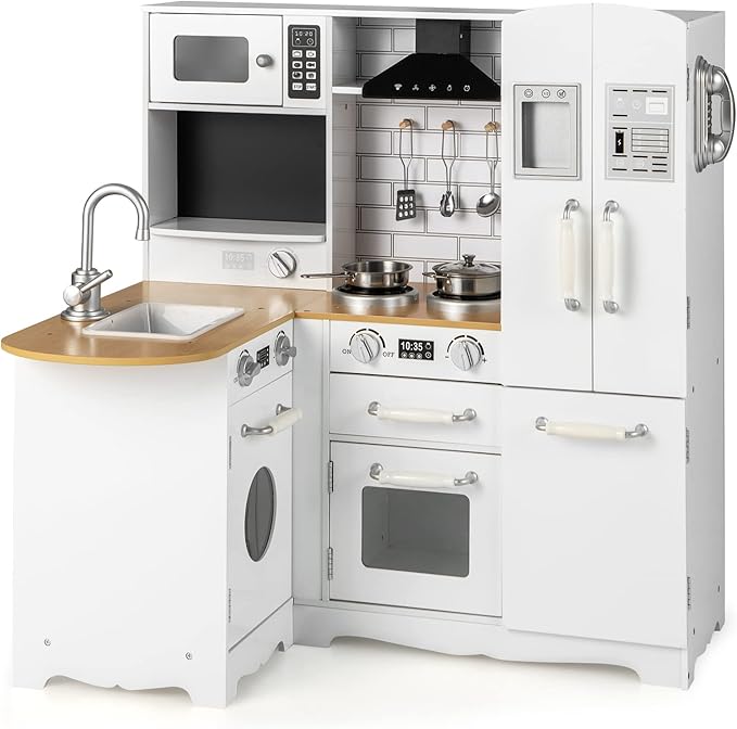 HONEY JOY Corner Kids Kitchen Playset, Little Chef Wooden Play Kitchen for Toddlers, Microwave, Refrigerator, Water Dispenser, Range Hood, Cookware, Pretend Play Toy Kitchen Set w/Lights and Sounds