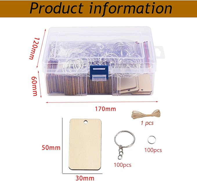 QMTSINEW 100Pcs Blank Rectangle-Shaped Wooden Keychain Set,Unfinished Wood Pieces with Key Rings and Hemp Rope,Personalized Wood Keychain,Key Tags DIY Keychain Supplies for Holiday Craft Projects, Han