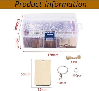 QMTSINEW 100Pcs Blank Rectangle-Shaped Wooden Keychain Set,Unfinished Wood Pieces with Key Rings and Hemp Rope,Personalized Wood Keychain,Key Tags DIY Keychain Supplies for Holiday Craft Projects, Han