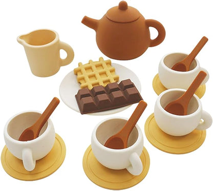 Silicone Tea Party Set, Toy Tea Set for Girls Kids ToddlersTea Set with Tea Pot Cups Food(Chocolate and Waffles), Pretend Play Kitchen Accessories(Brown)