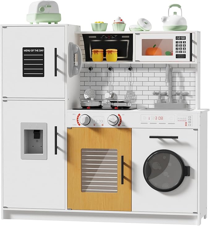 Babytronic Wooden Kitchen Playset for Kids, Interactive Play Kitchen with Lights & Sounds, Children Pretend Toy Kitchen Set with Faucet, Oven, Microwave, Kitchenware for Toddlers Ages 3+ (White)