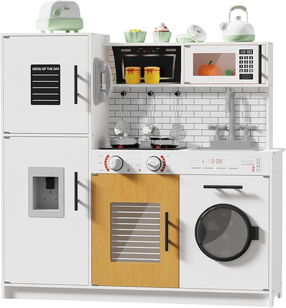 Babytronic Wooden Kitchen Playset for Kids, Interactive Play Kitchen with Lights & Sounds, Children Pretend Toy Kitchen Set with Faucet, Oven, Microwave, Kitchenware for Toddlers Ages 3+ (White)