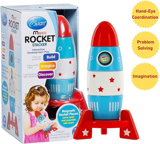 Wooden Stacker Toy Space Rocket - 6 Magnetic Stacking Pieces - Magnet Building Set with Surprise Astronaut Inside, Fun Hands On Game for Kids, All Natural Wood Set, Childrens Interactive Play Gift
