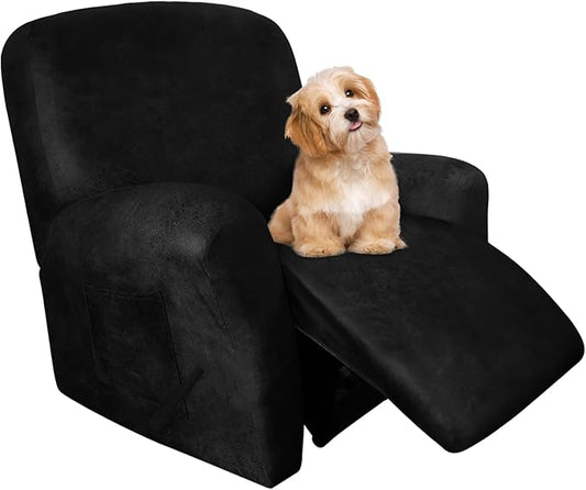 molasofa Recliner Chair Covers - 4 Pieces Leather Like Large Recliner Covers with Pocket Soft Non Slip Stretch Recliner Slipcover for Lazy Boy Recliner Chair Washable Furniture Protector (Black)