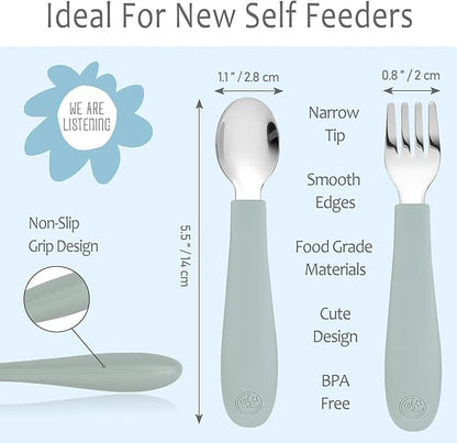 CoixFoam 8 Pieces Toddler Utensils, Toddler Safe Silverware Set With Food Grade Silicone Hanlde, 18/8 Stainless Steel, Perfect Length For New Self Feeders, Dishwasher Safe
