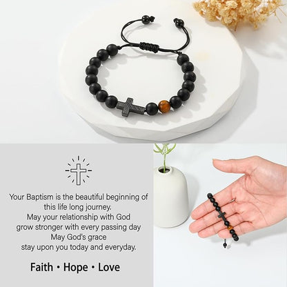 P. BLAKE First Communion Confirmation Baptism Gifts for Boys Teens, American Flag Cross Natural Beads Bracelet Christian Religious Jewelry Gifts for Teen Boys Kids