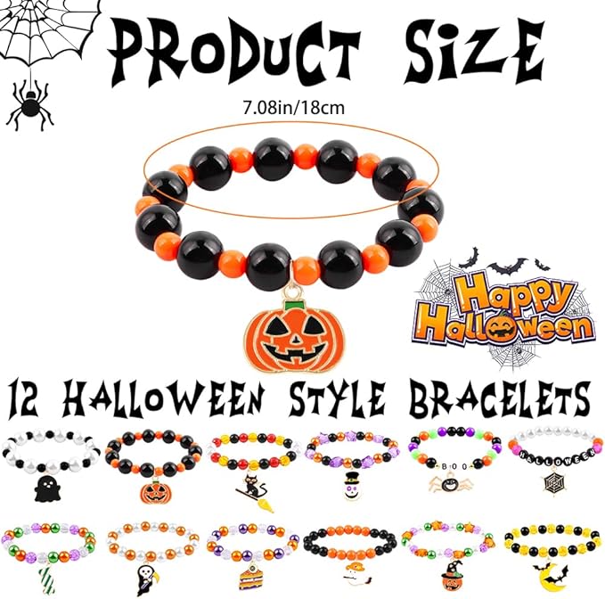 12pcs Halloween Bracelets for Kids, Halloween Party Favors Bead Bracelets and Charms Set Trick or Treat for Boys Girls Halloween Goodie Bag Fillers