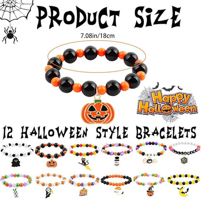 12pcs Halloween Bracelets for Kids, Halloween Party Favors Bead Bracelets and Charms Set Trick or Treat for Boys Girls Halloween Goodie Bag Fillers