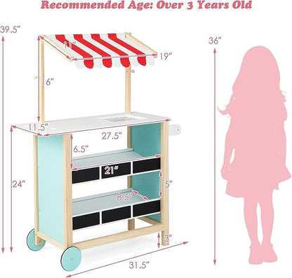 Fireflowery Kids Grocery Store Pretend Play, Wooden Ice Cream Cart w/ 6 Pieces Play Food, Bell, Scale, Toy Grocery Store Playset, Play Store for Kids, Toddlers, Boys, Girls Age 3+