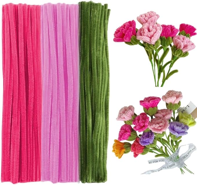 300 Pcs Thick Pipe Cleaners Craft Supplies 3 Assortment Pink Green Carnation Color Chenille Stems for Art and Craft Projects Creative DIY Christmas Mother's Day Decorations (Carnation color-300pcs)