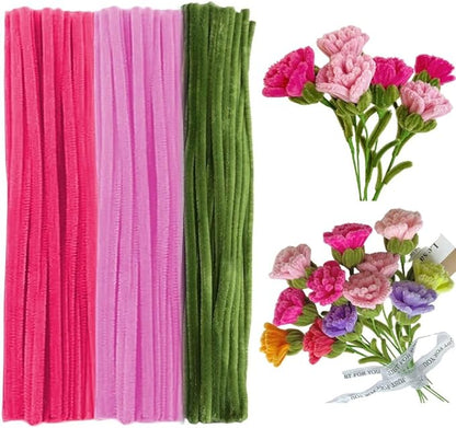 300 Pcs Thick Pipe Cleaners Craft Supplies 3 Assortment Pink Green Carnation Color Chenille Stems for Art and Craft Projects Creative DIY Christmas Mother's Day Decorations (Carnation color-300pcs)