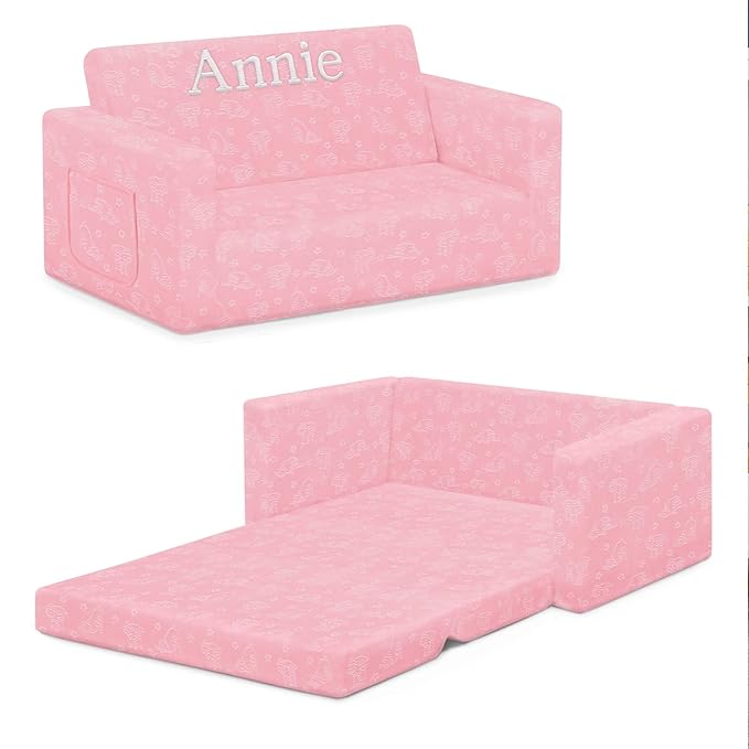 Delta Children Serta Perfect Sleeper Personalized Extra Wide Convertible Sofa to Lounger, Comfy 2-in-1 Flip Open Couch/Sleeper for Kids, Pink