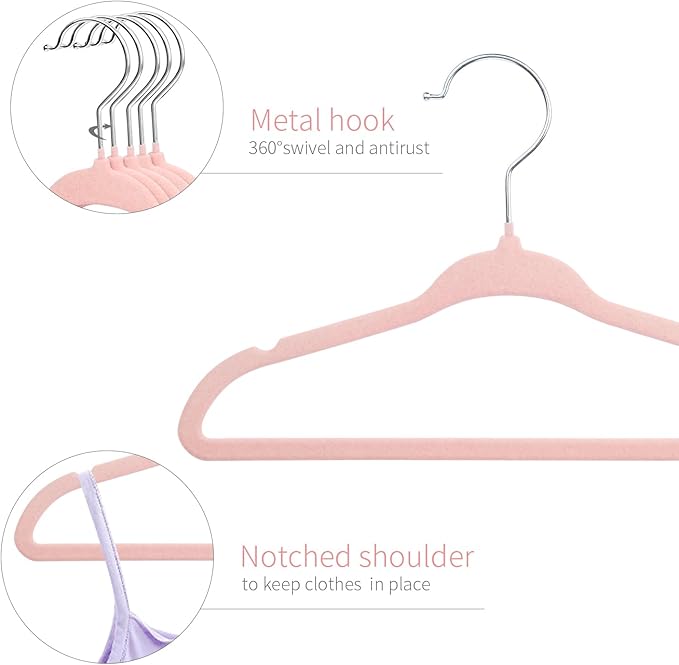 ManGotree Velvet Baby Clothes Hangers, Baby Toddler Kids Hangers with Swivel Hook, Notched Shoulder Design for Kids and Children Clothes (30 Pack, Light Pink)