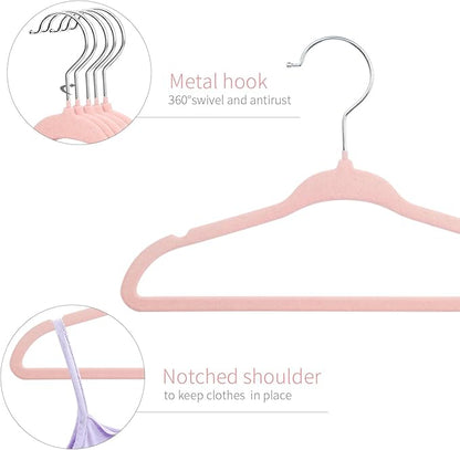 ManGotree Velvet Baby Clothes Hangers, Baby Toddler Kids Hangers with Swivel Hook, Notched Shoulder Design for Kids and Children Clothes (30 Pack, Light Pink)