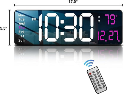 Modern 16" Large Digital Wall Clock with Remote Control, LED Display, Auto-Dimming, Countdown, Temperature, Calendar - 12/24Hr Format - Silent Wall Clock for Home, Office, or Gym Use (Pink)