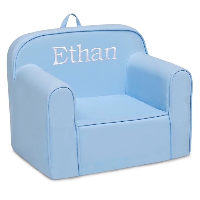 Delta Children Personalized Cozee Chair - Customize with Name – Foam Kids Chair for Ages 18 Months and Up, Powder Blue