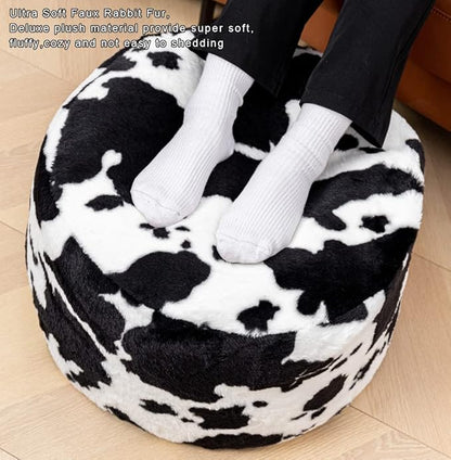 Asuprui Pouf Ottoman Unstuffed, Faux Rabbit Fur Cover, No Filler, 18" Round, Black and White