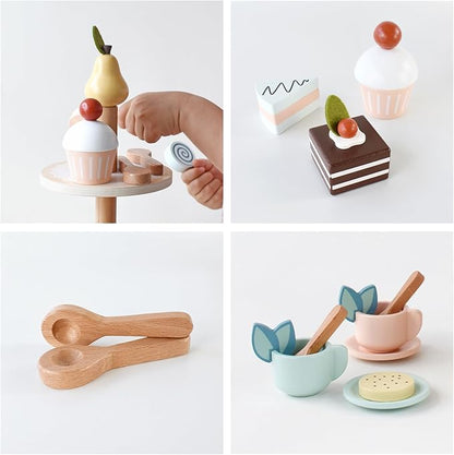PairPear Tea Party Set Dessert Stand Playset -Wooden Toys Pretend Play Food Kitchen Accessories for Toddler Tea Set Birthday Gift