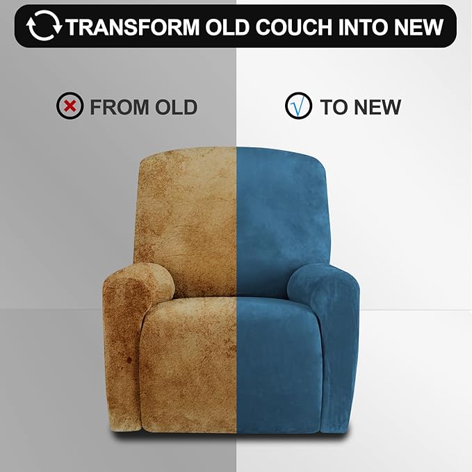 Festicorp Recliner Chair Covers Real Velvet 4-Pieces Recliner Covers for Small Lazy Boy Recliner Chair Stretch Recliner Sofa Slipcovers Furniture Protector with Side Pocket & Elastic Bottom, Deep Teal