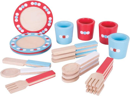Bigjigs Toys Role Play Dinner Service Tea Set - Kids Tea Set with Toddler Cutlery, Toy Kitchen Accessories for Wooden Play Kitchen, Toy Plates and Cutlery Set