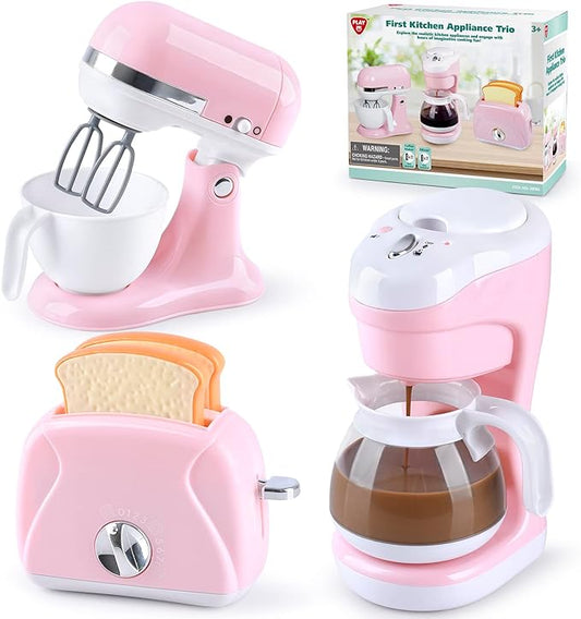 Kitchen Appliances Toys, Kids Play Kitchen Accessories Set, Pretend Kitchen Toys for Kids Ages 4-8, Coffee Maker, Mixer, Toaster with Realistic Lights & Sounds, Gift for Girls Ages 3+