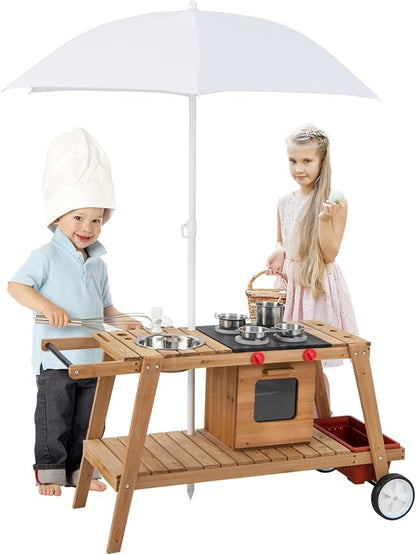 HONEY JOY Mud Kitchen with Umbrella, Wooden Rolling Mud Table Cart, Toddler Outdoor Kitchen Playset, Sink, Faucet, Planting Pots, Utensils, Storage Cabinet, Mud Kitchen for Kids Outdoor with Wheels