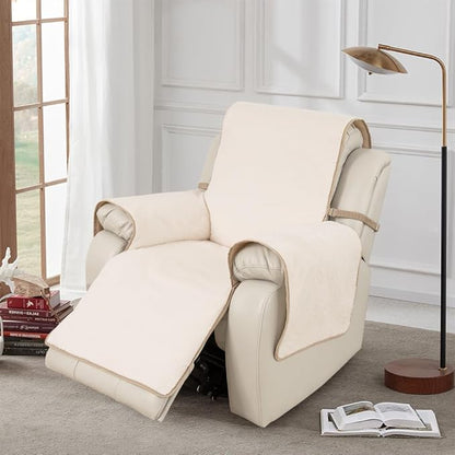 RBSC Home Waterproof Faux Fur Recliner Covers - Ivory Antislip Recliner Chair Slipcover Faux Rabbit Plush Furniture Protector with Elastic Straps for Kids, Dogs, Pets
