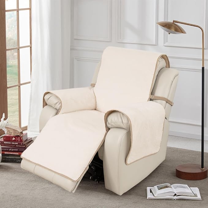 RBSC Home Waterproof Faux Fur Recliner Covers - Ivory Antislip Recliner Chair Slipcover Faux Rabbit Plush Furniture Protector with Elastic Straps for Kids, Dogs, Pets