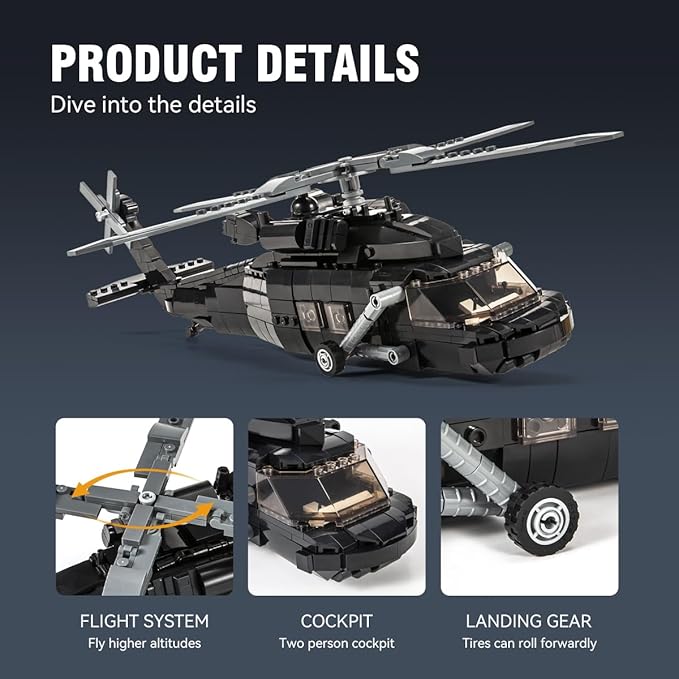 DAHONPA UH-60 Helicopter Black Hawk Medium Utility Military Army Airplane Building Bricks Set, 660+ Pieces Air-Force Build Blocks Toy, Gift for Kid and Adult