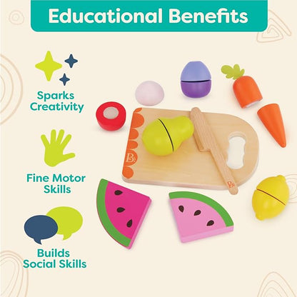 B. toys- Chop 'n' Play - Wooden Fruits & Veggies- Pretend Play Playset- Sliceable Play Food for Toddlers, Kids – Play Knife & Cutting Board – 2 Years +
