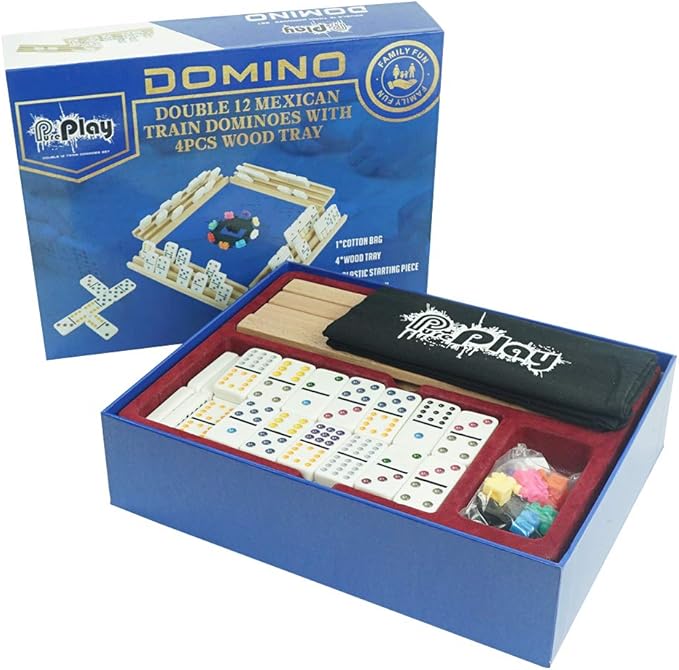 Mexican Train Dominoes Set - Double 12 Colored Dot Dominoes - Includes 91 Tiles with 9 Trains, 4 Wooden Trays and Storage Bag for 2-8 Players Ages 8+